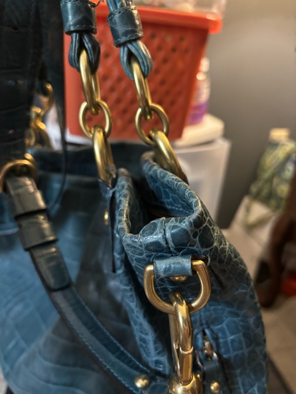 Teal Croc-Embossed Leather Tote Bag with Gold Hardware - Picture 8 of 16